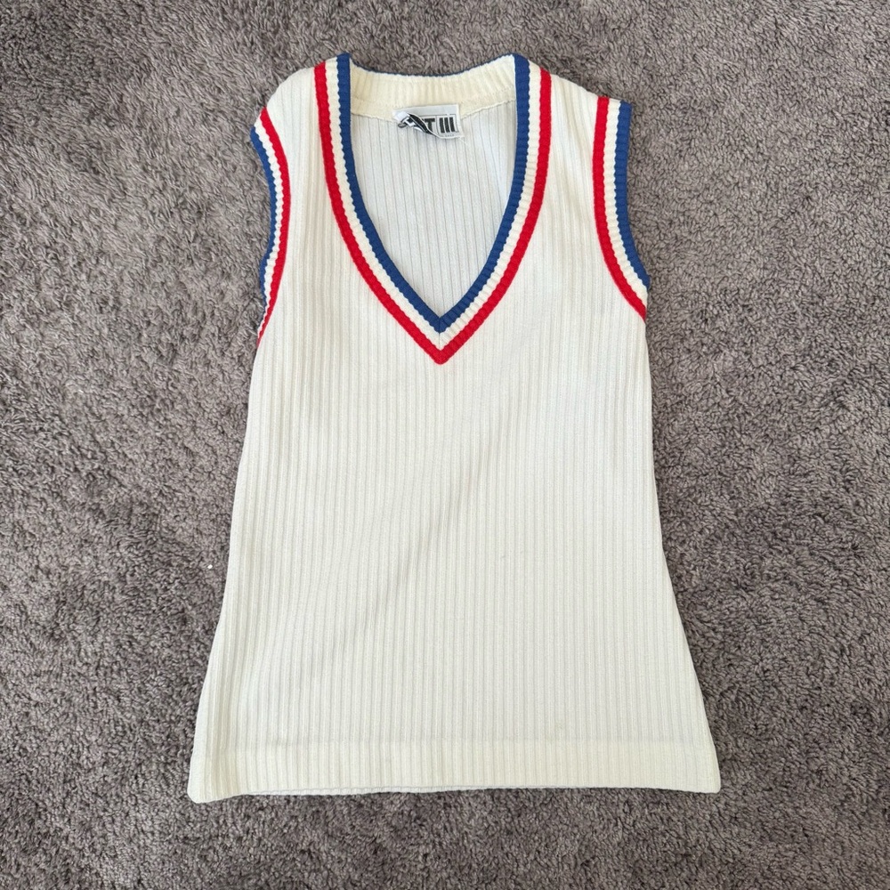 Vintage Sleeveless V-Neck vest with Red and Blue Trim